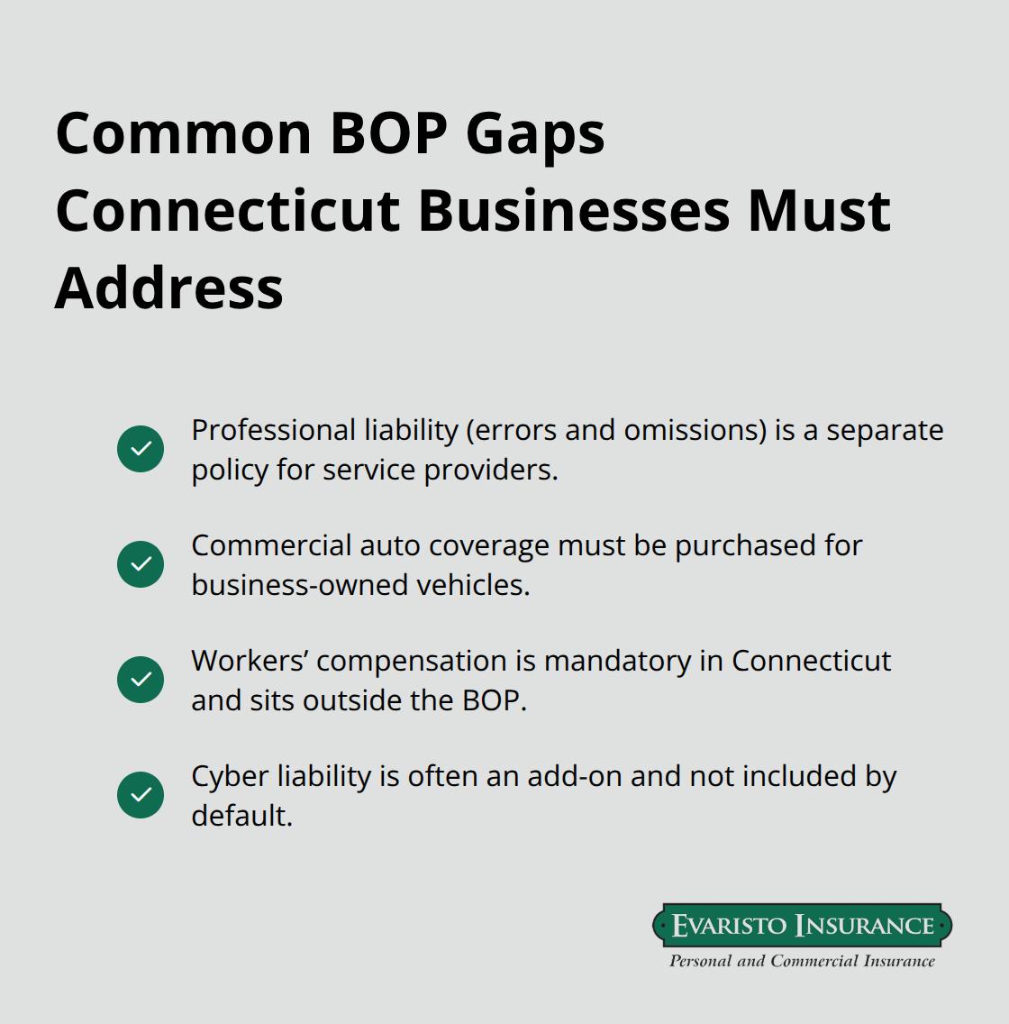 Checklist of coverages often not included in a standard BOP - BOP coverage Connecticut