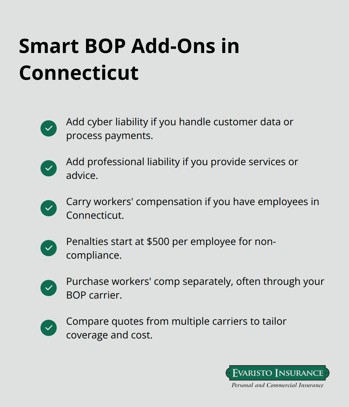 Checklist of common BOP add-ons and key compliance note for Connecticut small businesses. - business owners policy explained