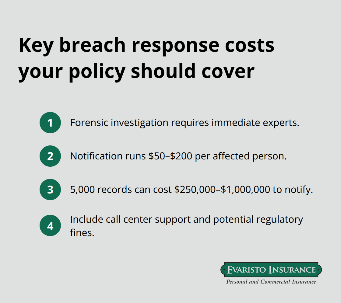 Compact list showing key breach response costs including notification per person and total for 5,000 records, plus related support costs.