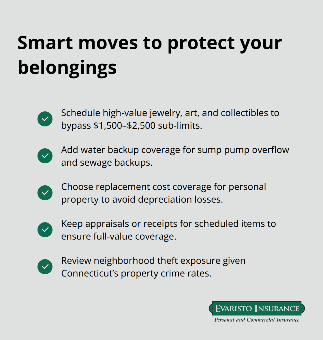 Checklist of actions Connecticut homeowners can take to protect personal property from theft and water damage. - home insurance policy features